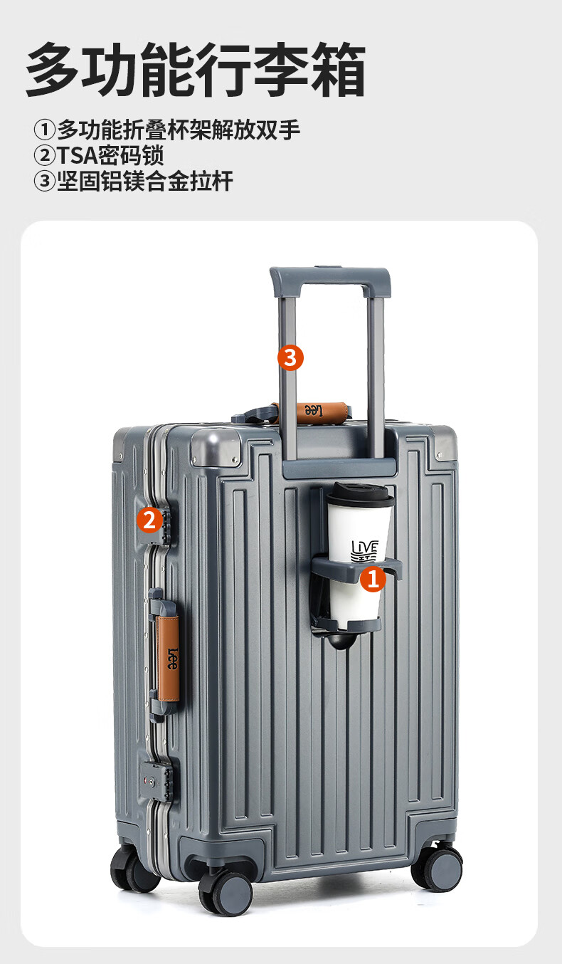 Lee High-Quality Aluminum Frame Multifunctional Suitcase with Leather Handle, Large Capacity Password Lock Travel Case, Black, 26 Inches 4