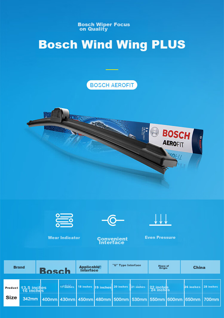 BOSCH Wind Wing U Wiper Blade 22/17, Compatible with 06-11 Nissan Sylphy/02-19 Sylphy Classic, U-Shaped 8