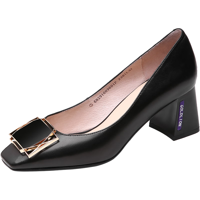 Goldlion Women's Square Toe Chunky High Heel Simple Metal Buckle Low-Cut Work Pumps 68291009601P - Black - Size 36