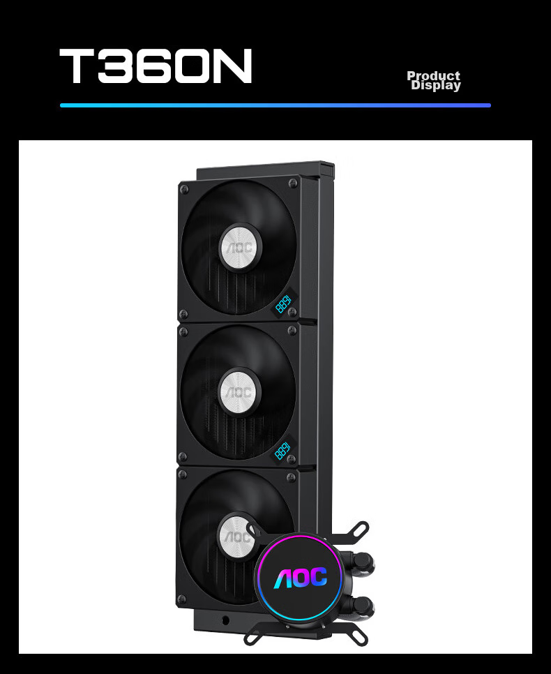AOC T360NB Black, All-In CPU Liquid Cooler, Supports LGA1700/1851/PWM Temperature Control/Speed Display/2200 RPM Ultra-Quiet Fan without Light 8
