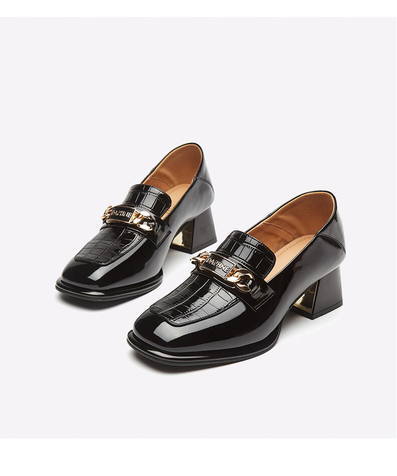 DAPHNE Women's Leather Shoes with Formal Dress, British Style, Chunky Mid-High Heel, Professional Work Business Shoes, Loafers, Women's Shoes 4622404047 Black 35 25