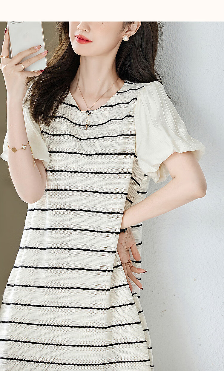 Dme [Atmospheric And Elegant Female Lead] Summer Round Neck Puff Sleeve Single-Button A-Line Dress Striped Patchwork Dress for Wome 19