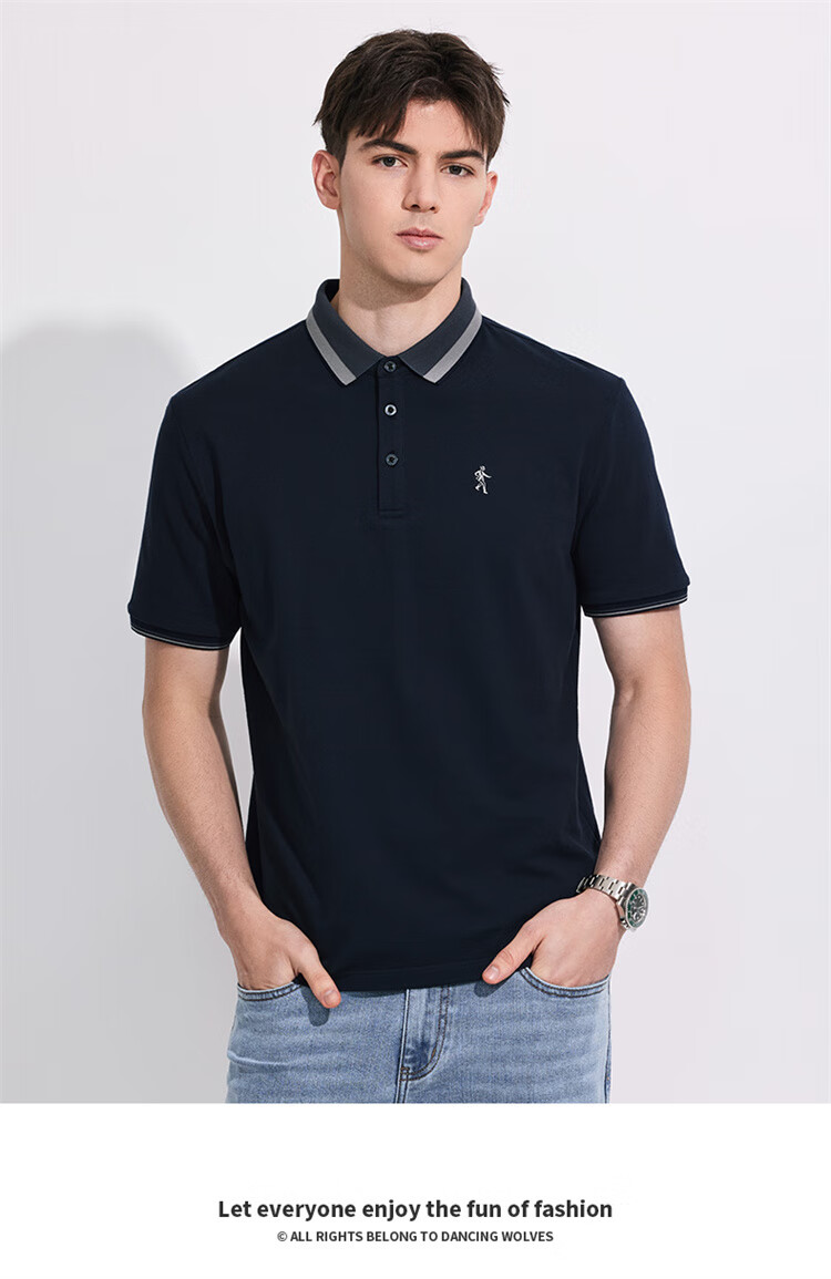 DANCING WOLVES [100% Pure Cotton] Summer Business Commute Breathable Men's Short-Sleeve Polo Shirt, 102 Navy Blue, Size 180 1