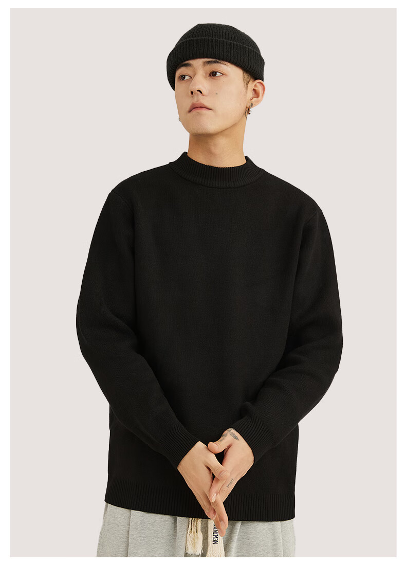 JEANSWEST LIFE Men's Knit Sweater, Autumn And Winter Thick Warm Sweater, Solid Color Simple Style, Student Semi-Turtleneck, Thermal Inner Layer, Trendy 9