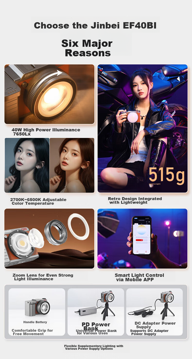 JINBEI EF40BI Retro LED Dual-Color Temperature Fill Light, COB Handheld Zoomable Portable Beauty Photography Continuous Light, Video Photo Live Streaming Light, Wedding Outdoor Night Scene Shooting Lighting 2