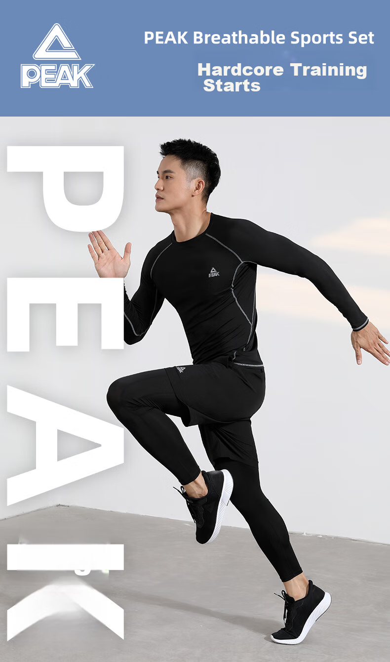 PEAK Fitness Clothing Set for Men, Quick-Dry Shirt, Sweat-Wicking And Breathable, High-Elasticity Badminton Training Three-Piece Set, Black 1