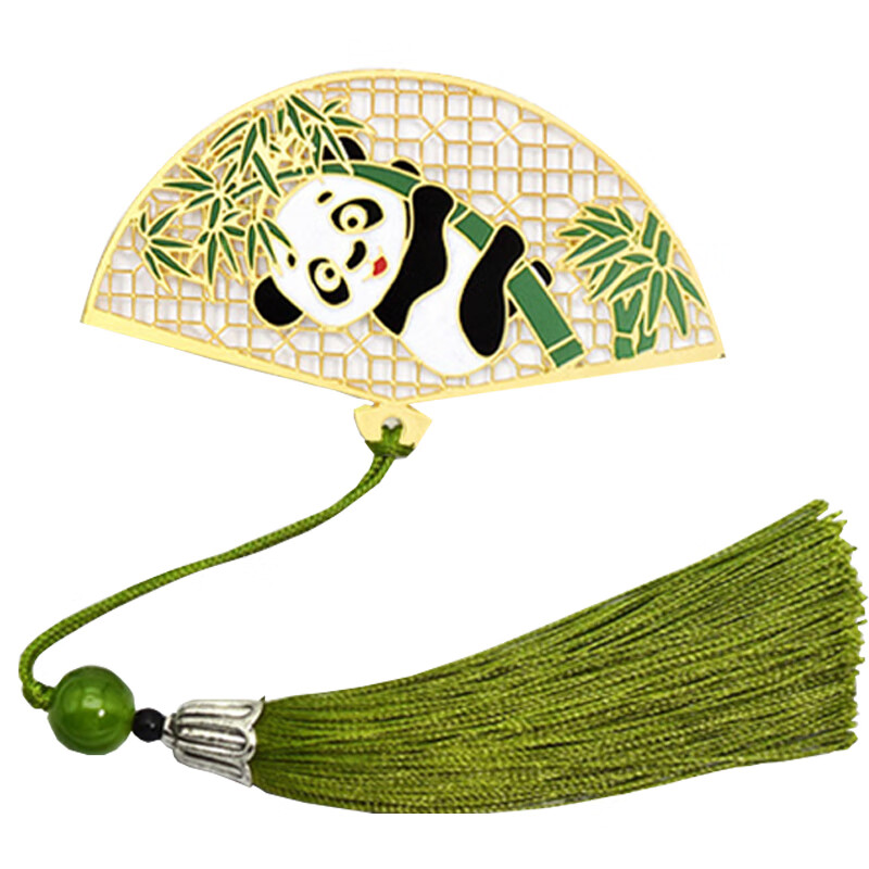 Fenshang Folding Fan Panda Bookmark, Cute Creative Metal Hollow Brass-Colored Chinese Style Student Reading Page Divider, Simple Artistic Tassel Birthday Gift