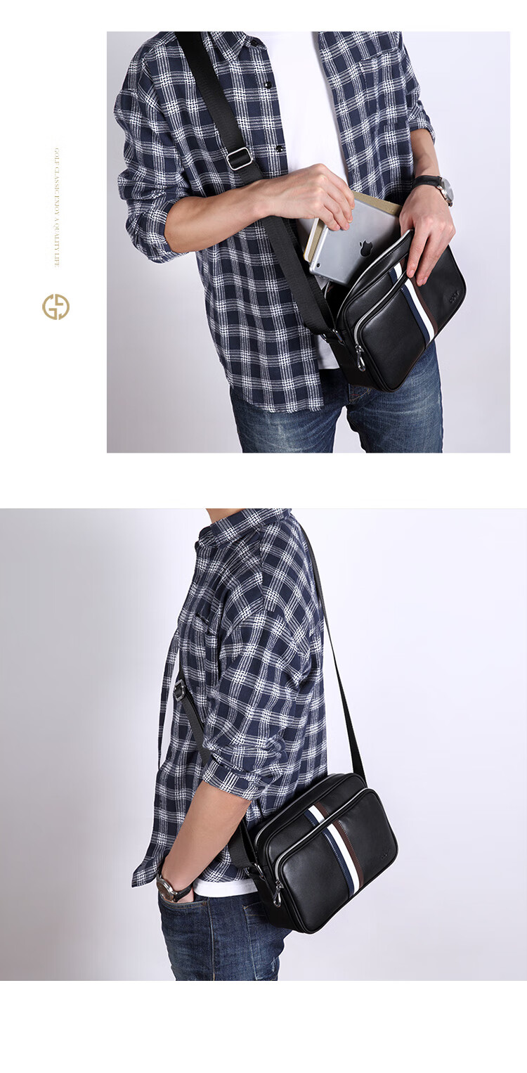 GOLF Shoulder Bag for Men, Top-Grain Leather with Microfiber Crossbody Bag, Business Commute Contrasting Color Messenger Bag, Black 13