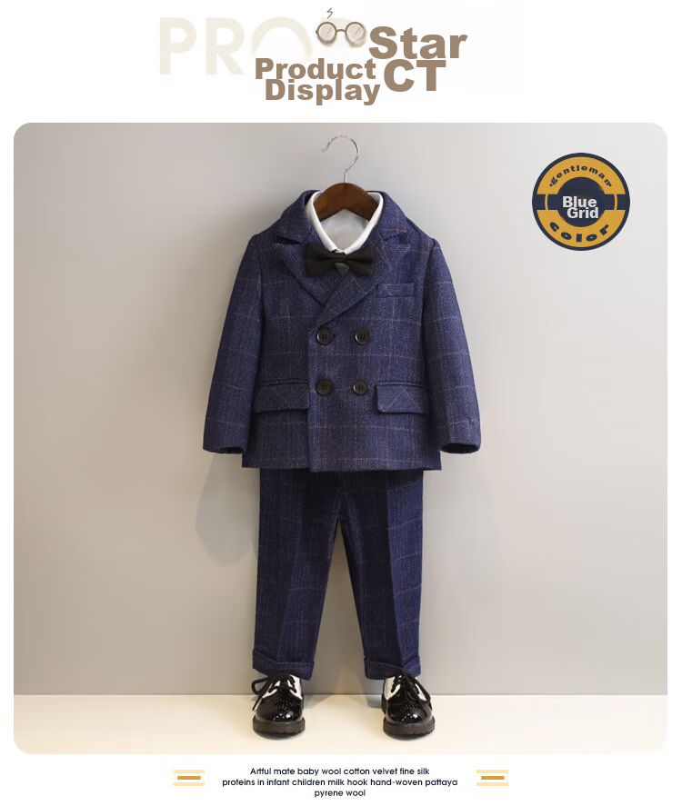 LUOBOBEIBEI Children's Suit Plaid Boys Formal Wear Set for Piano Performance, Host, And New Year Greetings, Navy Blue Four-Piece Set, Size 110 6