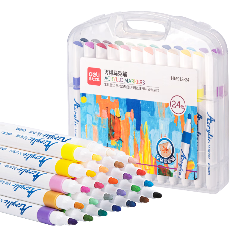 Deli [Back to School Stationery], 24 Colors Children's Water-Based Acrylic Markers, PP Boxed Watercolor Pens, Birthday Gift, Waterproof Hand-Drawing Guka Fluorescent Markers, Tree Graffiti