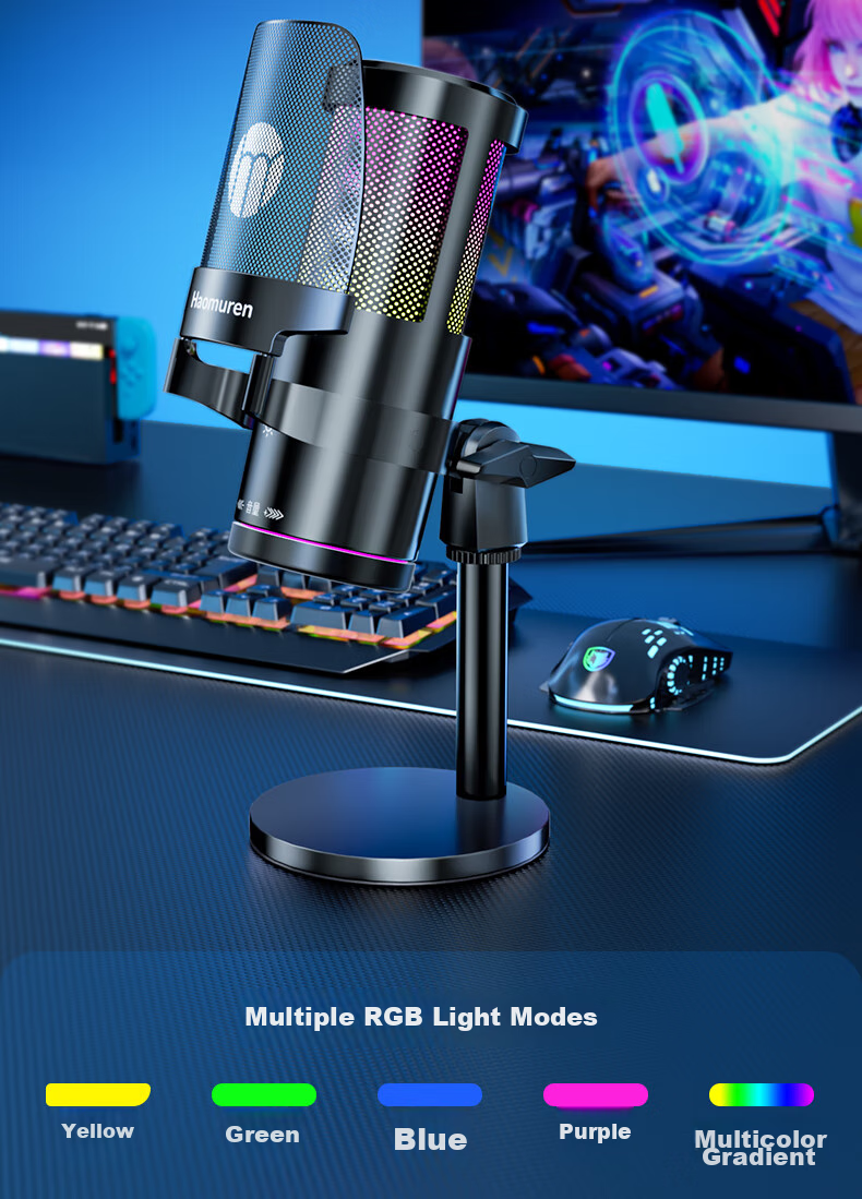 Haomuren Computer Microphone, Gaming And E-Sports Dedicated, Noise-Cancelling Condenser, Karaoke Recording, Professional Sound Card, Live Streaming Host Equipment, Microphone for Desktop, Suspended Arm Stand, Desktop And Mobile USB Wired 16