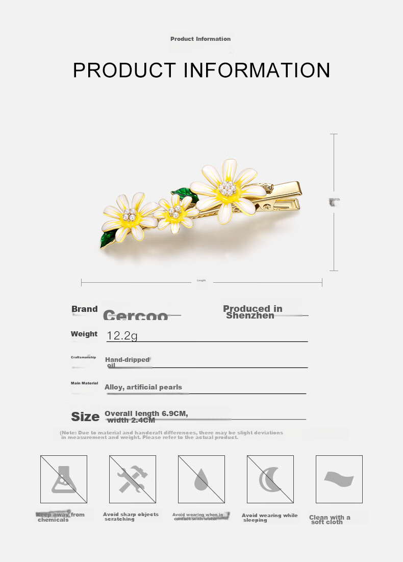 Cercoo Daisy Joy Handmade Oil-Dripping Crystal Hair Clip, Side Clip, Elegant Hairpin, Bangs Clip, Flyaway Hair Clip, Hair Accessory 3