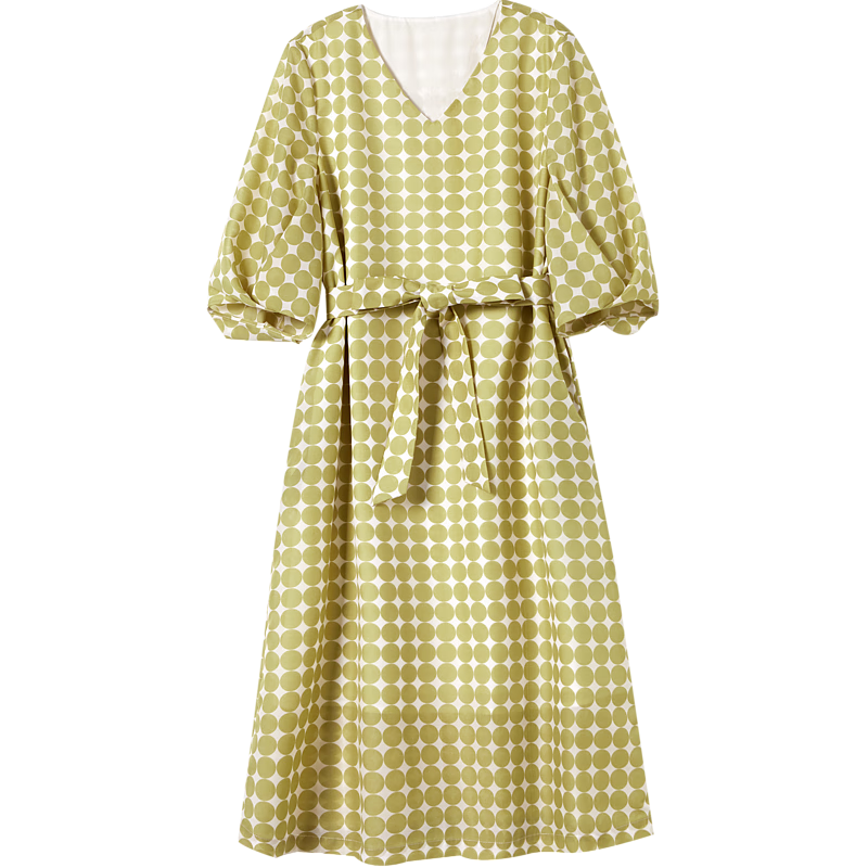 Dme Commuting Polka Dot Vintage Dress Summer V-Neck Lantern Sleeve Chiffon Mid-Length Dress for Women