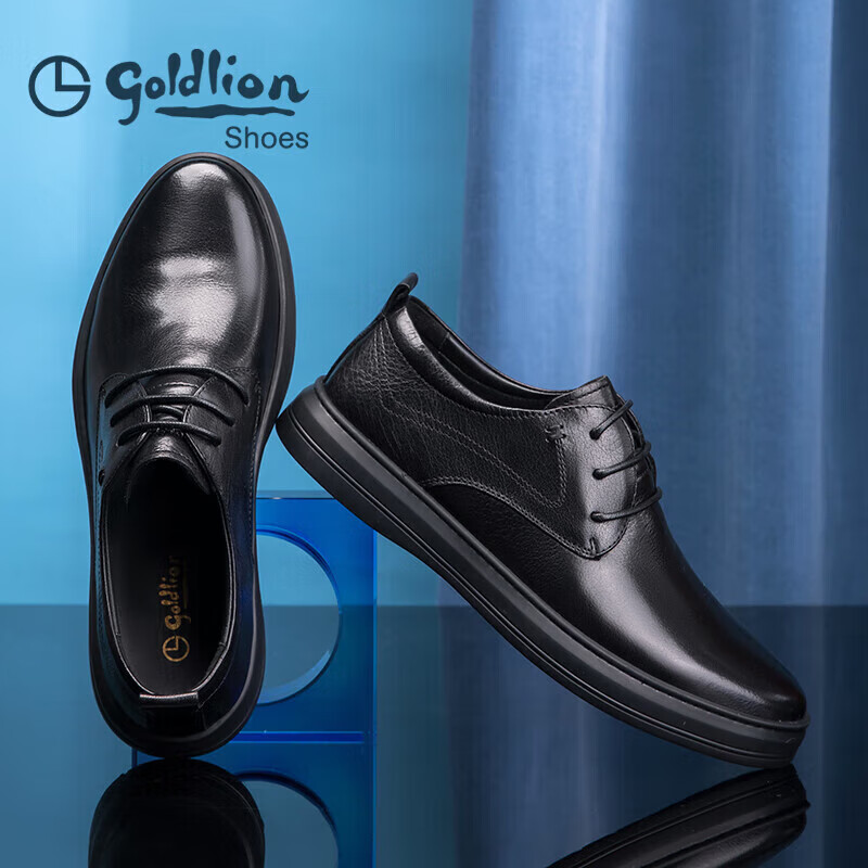 Goldlion Men's Shoes, Stylish Leather Business Shoes, Comfortable Lace-Up Casual Leather Shoes, 50823026501A-Black, Size 43