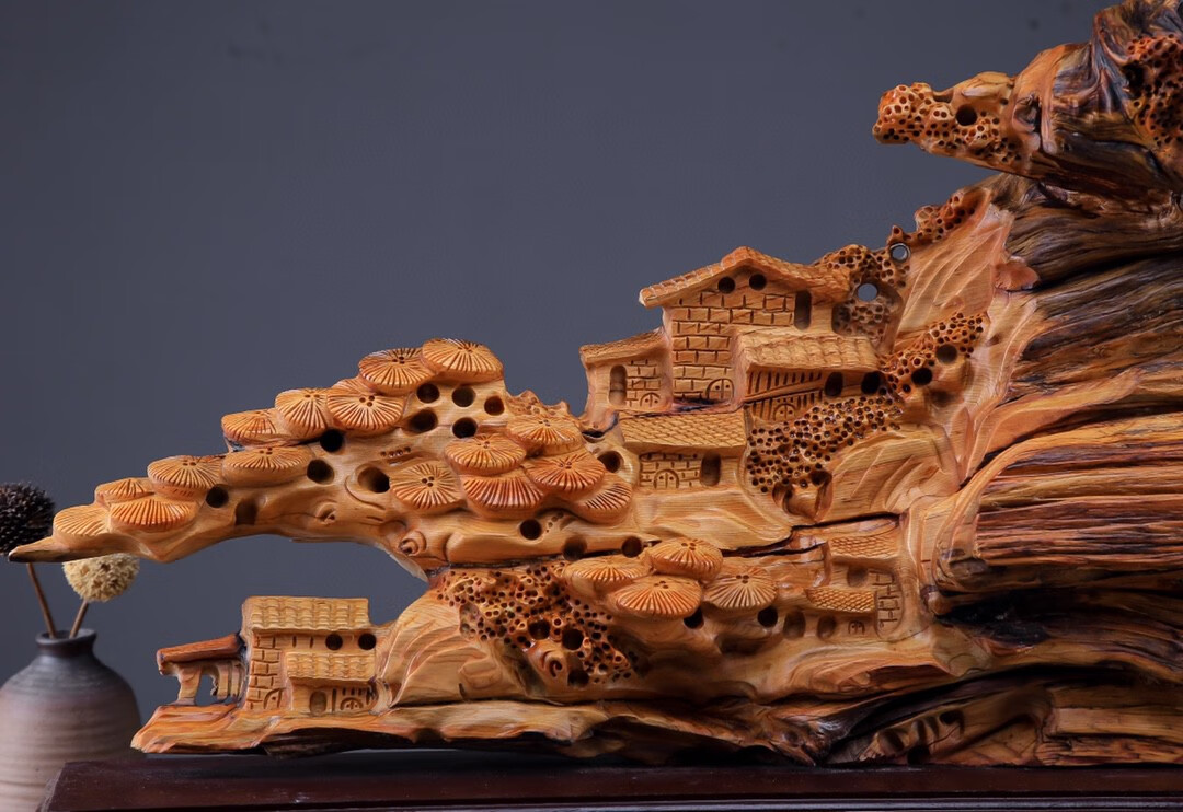 崖柏根雕山水摆件世外桃源办公室酒店客厅玄关家居装饰风水摆件木雕