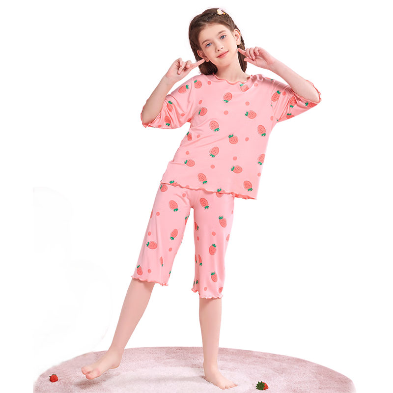 LangSha Children's Pajamas, Girls' Summer Thin Cool Modal Sleepwear Set, Youth Three-Quarter Sleeve Loungewear, Pink, Size 140
