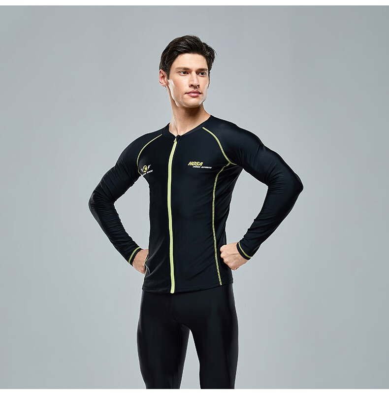 Hosa Men's Long-Sleeve Swimsuit Beach Swimwear Vacation Diving Surfing Suit Black Top M 10