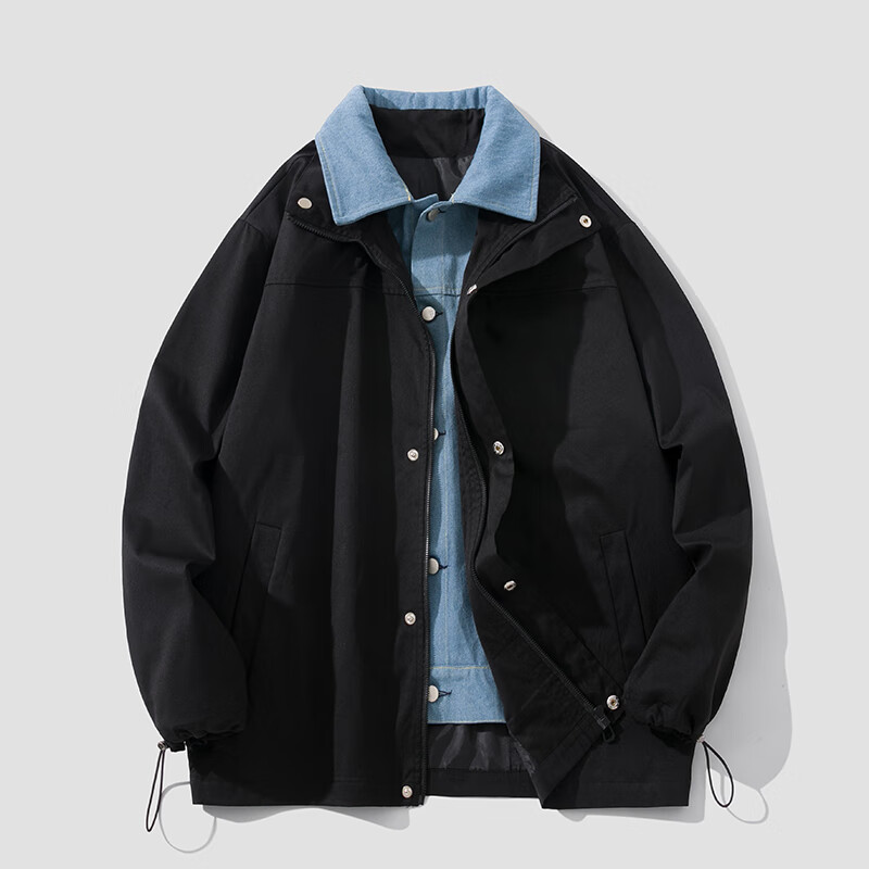 Foss Phil Men's Faux Two-Piece Jacket, Spring And Autumn Japanese Style Loose Trendy Casual Jacket Top Clothing J746 Black M