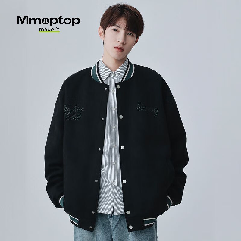 MMOPTOP American-Style Suede Baseball Jacket, Trendy Men's Outerwear for Spring And Autumn, Embroidered Cool Loose Casual Jacket 23001 Black 2XL