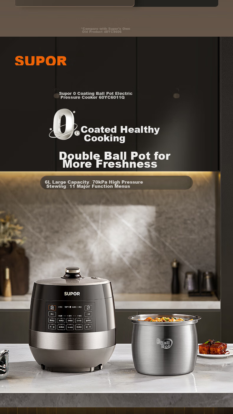 SUPOR 0 Coating Ball Pot Electric Pressure Cooker, 6L Double Inner Pot, Fully Automatic Intelligent Reservation, Home Use, SY-60YC6011Q Rice Cooker High-Pressure Cooker for 6-8 People 3