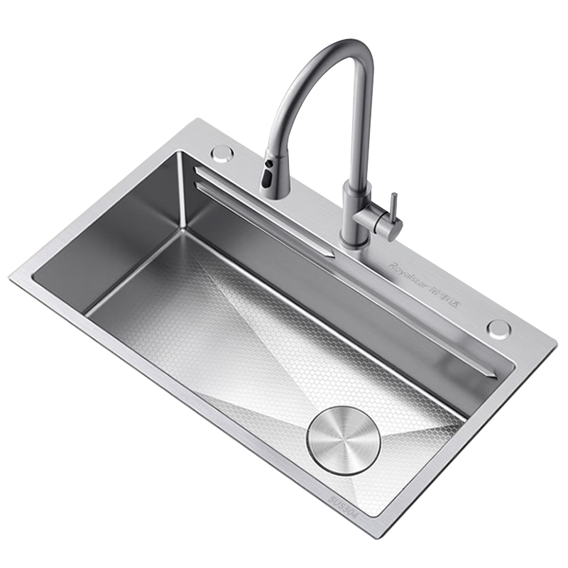 Royalstar Kitchen Sink, Large Single Basin, No Coating, 304 Stainless Steel, Textured Anti-Scratch Washbasin, with Pull-Out Faucet, 68*45