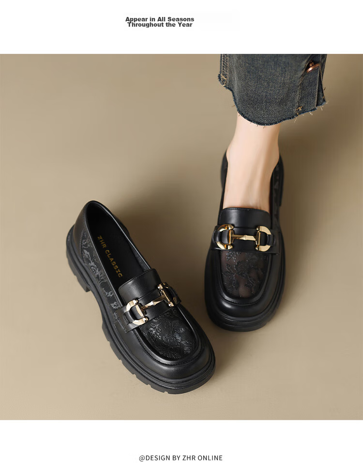 ZHR Women's Loafers, Soft-Soled Versatile Round-Toe Leather Shoes, British Style Chunky Heel Women's Shoes, OFTEP06, Black, Size 38 11