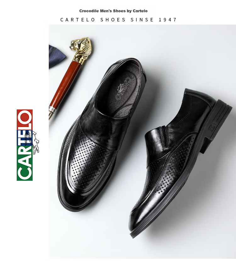 CARTELO British Business Men's Leather Shoes, Breathable Cowhide Men's Shoes, Casual Leather Shoes, Slip-On Loafers, 9832 Black, Size 42 18