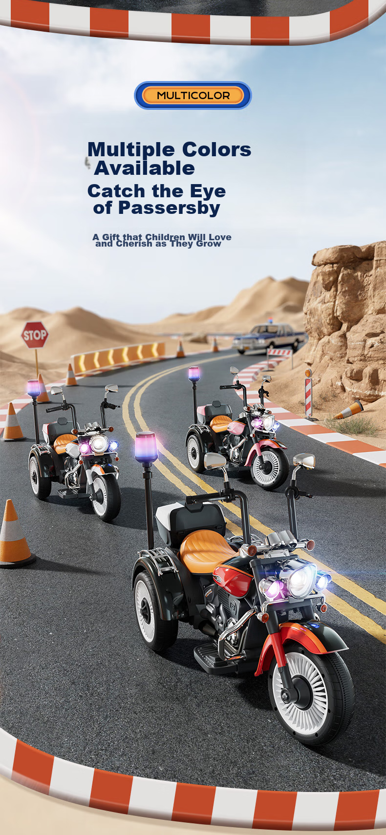 Babamama Children's Electric Motorcycle Tricycle for Ages 3-10, Rideable Police Car Toy for Boys And Girls, Baby Gift Vehicle 4