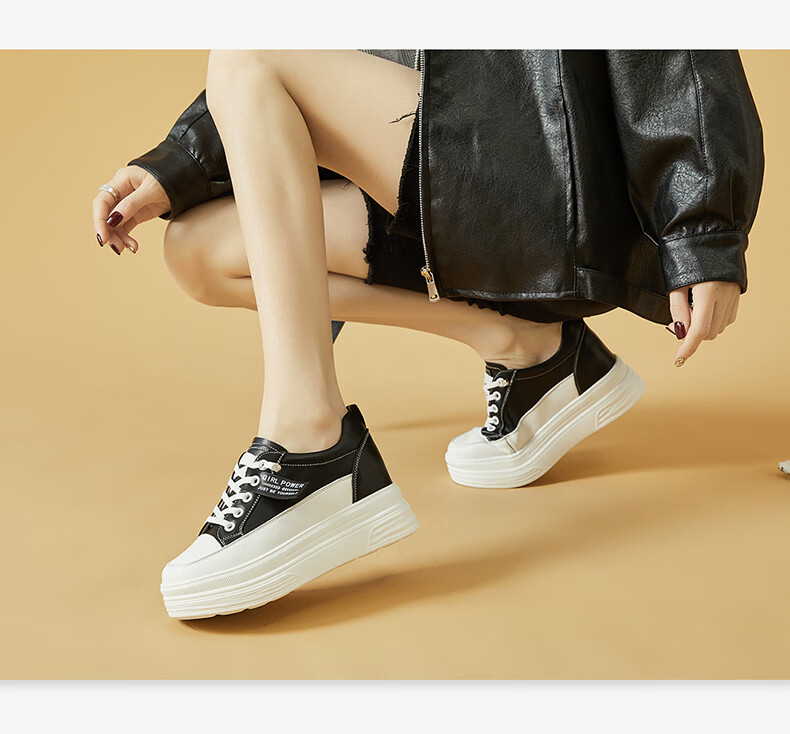 DAPHNE Women's White Leather Versatile Thick-Soled Casual Sneakers with Hidden Heel, Style 4623101013, Black, Size 34 6