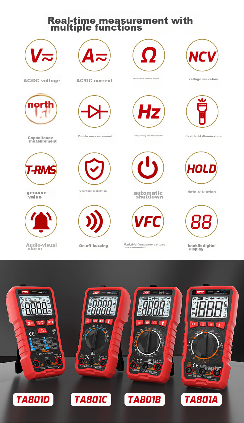 Teansi Multimeter, Smart Burn-Proof Digital Multi-Function Portable Automatic Identification Electrician Multimeter TA804A 2