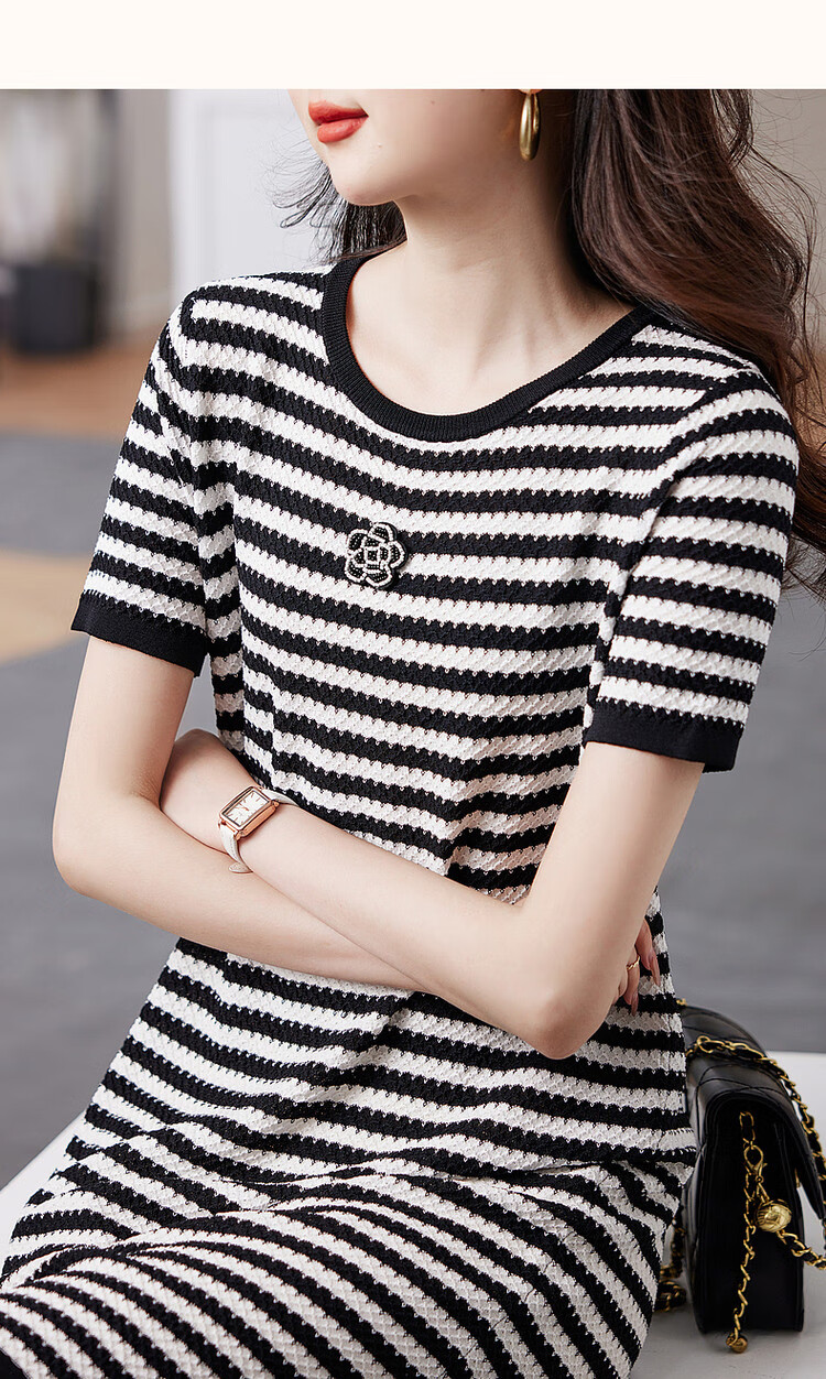 Dme [Ice Silk Dress], Summer Pullover Slightly Stretchy Contrasting Color Knitted Short-Sleeve Dress 18