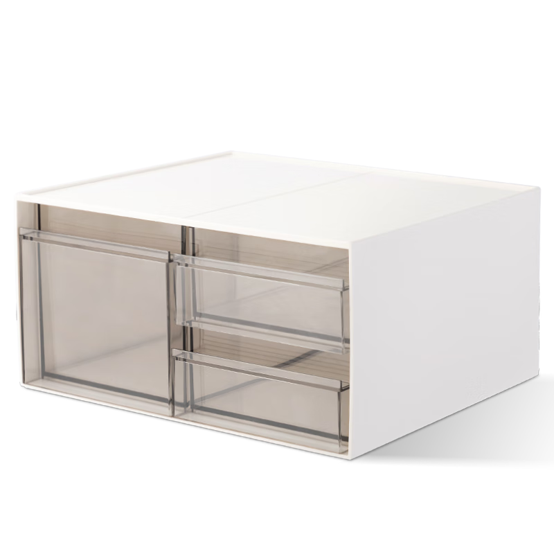 Deli Three-Compartment Desktop Storage Box, Drawer-Style Office Desk Organizer, Stationery File Sorting Multi-Layer Storage Box, Dorm Cosmetics Jewelry Organizer Box, White PK112
