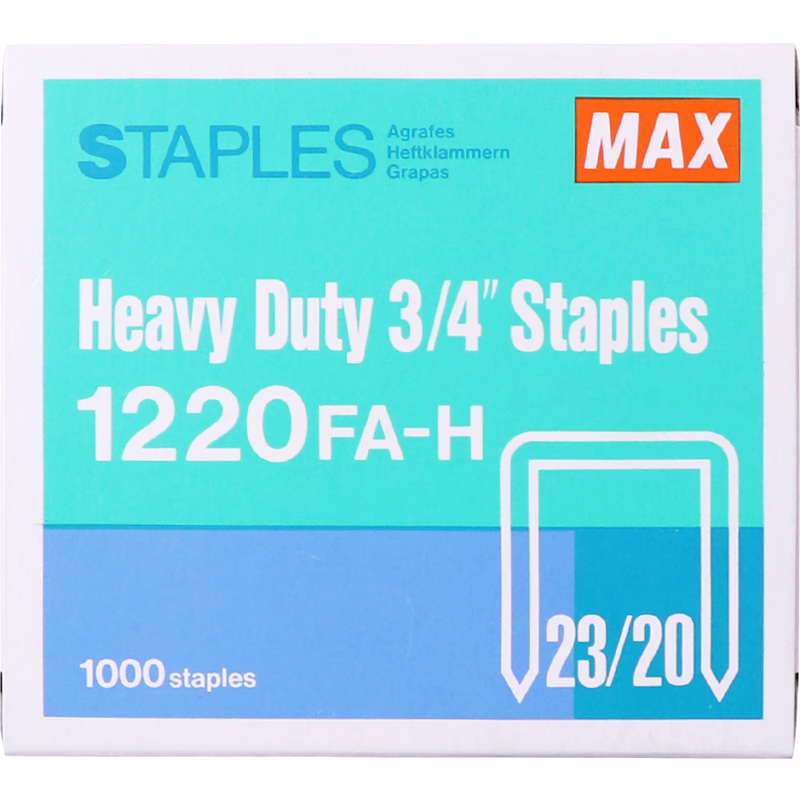 MAX Heavy-Duty Large Staples, Strong Penetration And Low Clogging, 1000 Pieces/Box, Suitable for Heavy-Duty Large Staplers, 23/20 1220FA-H