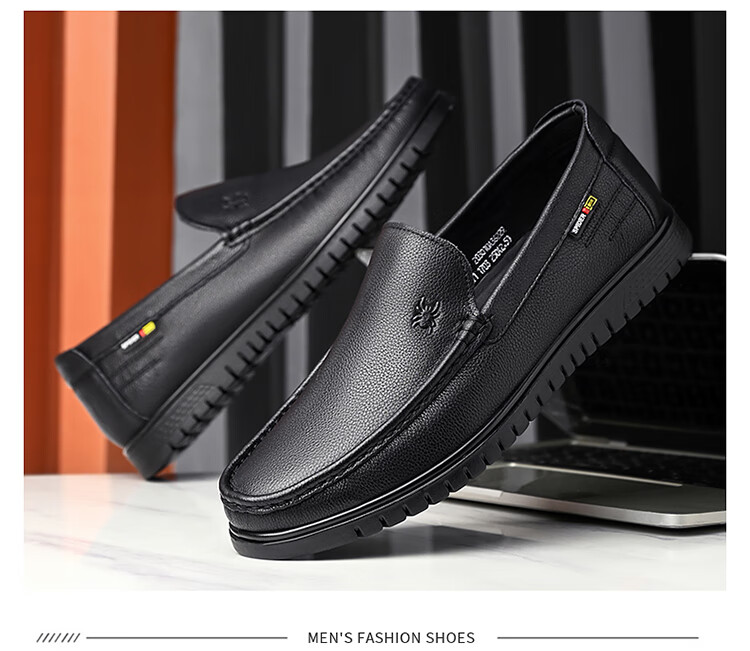 SPIDER KING Men's Shoes, Business Casual Leather Shoes, Lightweight Slip-On Loafers, Cowhide, Middle-Aged Dad Shoes, Black, Size 41 11