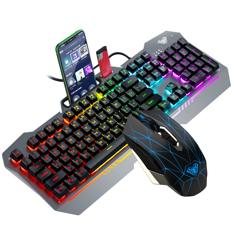AULA T101 Mechanical Feel Keyboard And Mouse Set, Wired 104-Key Keyboard And Mouse Combo, Gaming And Office Computer Keyboard Mixed Light Set, Metal Panel Black