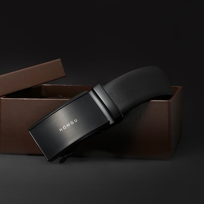HONGU Men's Belt, Top-Grain Leather, Automatic Buckle, Waist Belt, Gift Box Packaging, 115cm, Birthday Present