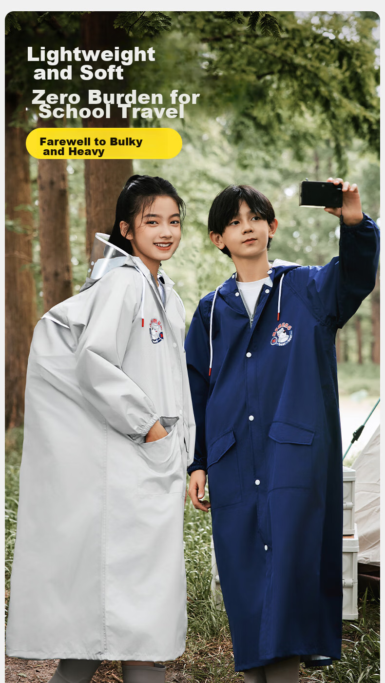 Moremerry Children's Raincoat for Boys And Girls, Elementary And Middle School Students, Large Backpack Space, Full-Body Waterproof Raincoat, Navy Blue, 3XL 5