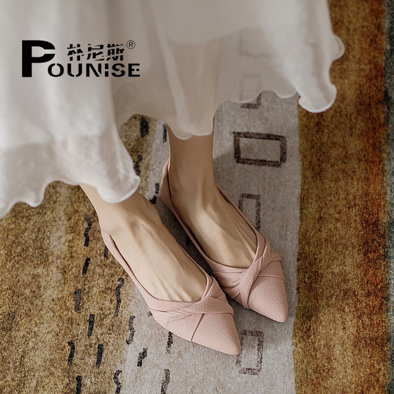 Pounise Women's Single Shoes, Korean Style, Large Size Boat Shoes, Flat Soft Sole, PQM-02, Pink, 39/245(1.5)