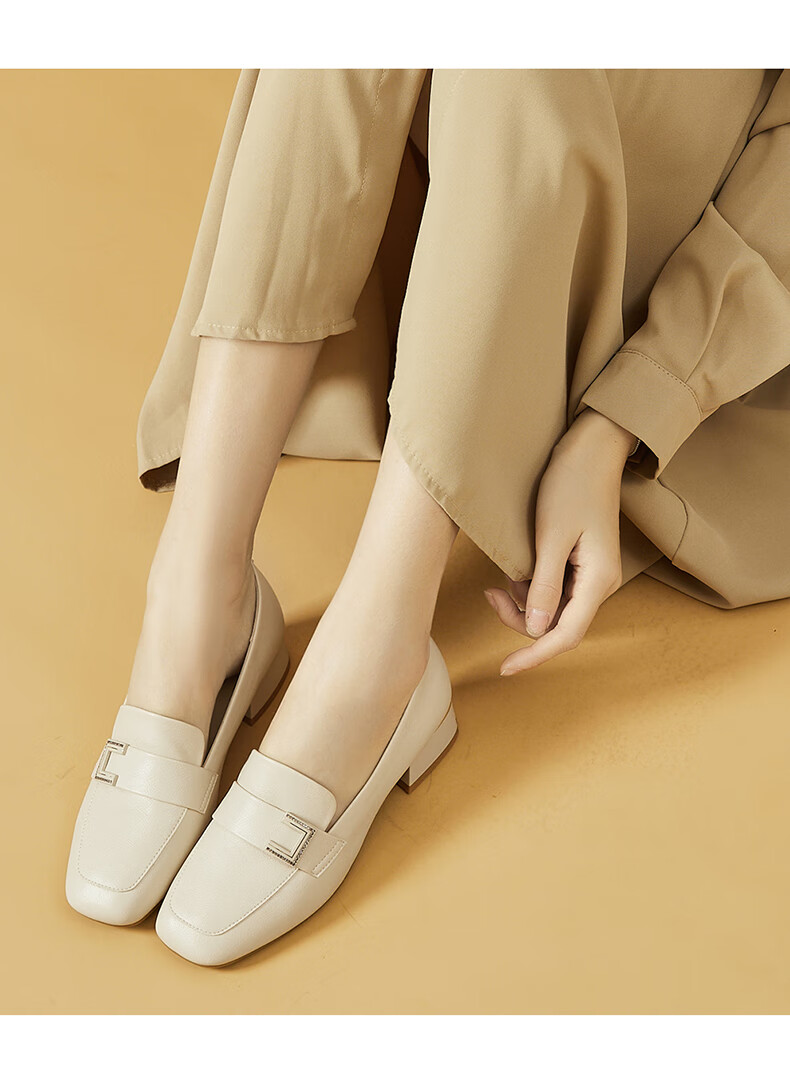 DAPHNE Women's Single Shoes, Retro Square Toe with Buckle Loafers, Chunky Heel Slimming Slip-On Commuter Shoes 4623101007 Beige 39 7