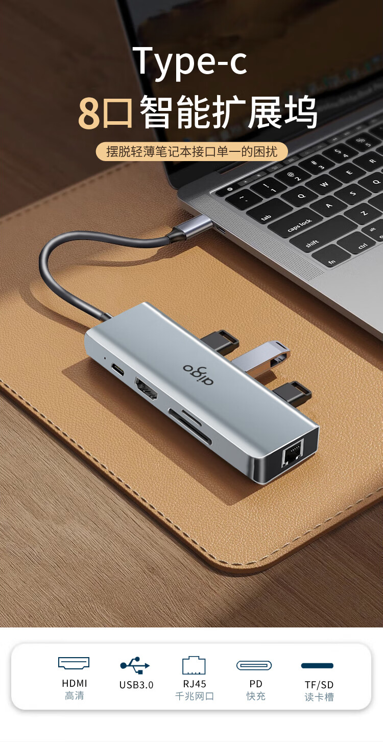 Aigo Type-C Expansion Dock, USB3.0 Hub, Gigabit Ethernet Port, HDMI Adapter, SD/TF Card Reader Converter, USB Expansion Dock, PD100W Fast Charging, K08 (Metal) 1