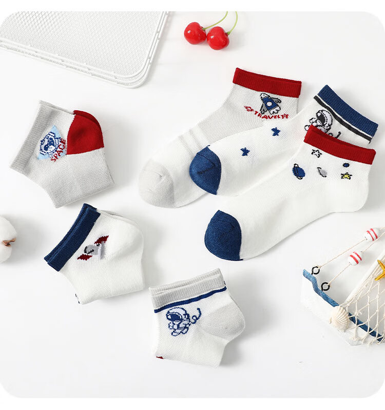 LangSha Children's Socks for Boys, Thin Mesh Cotton Boat Socks for Spring And Summer, Breathable Youth Socks for Older Children, Space Ship Design (6 Pairs), Foot Length 18-20cm, for Ages 5-7, Size 26-31 6