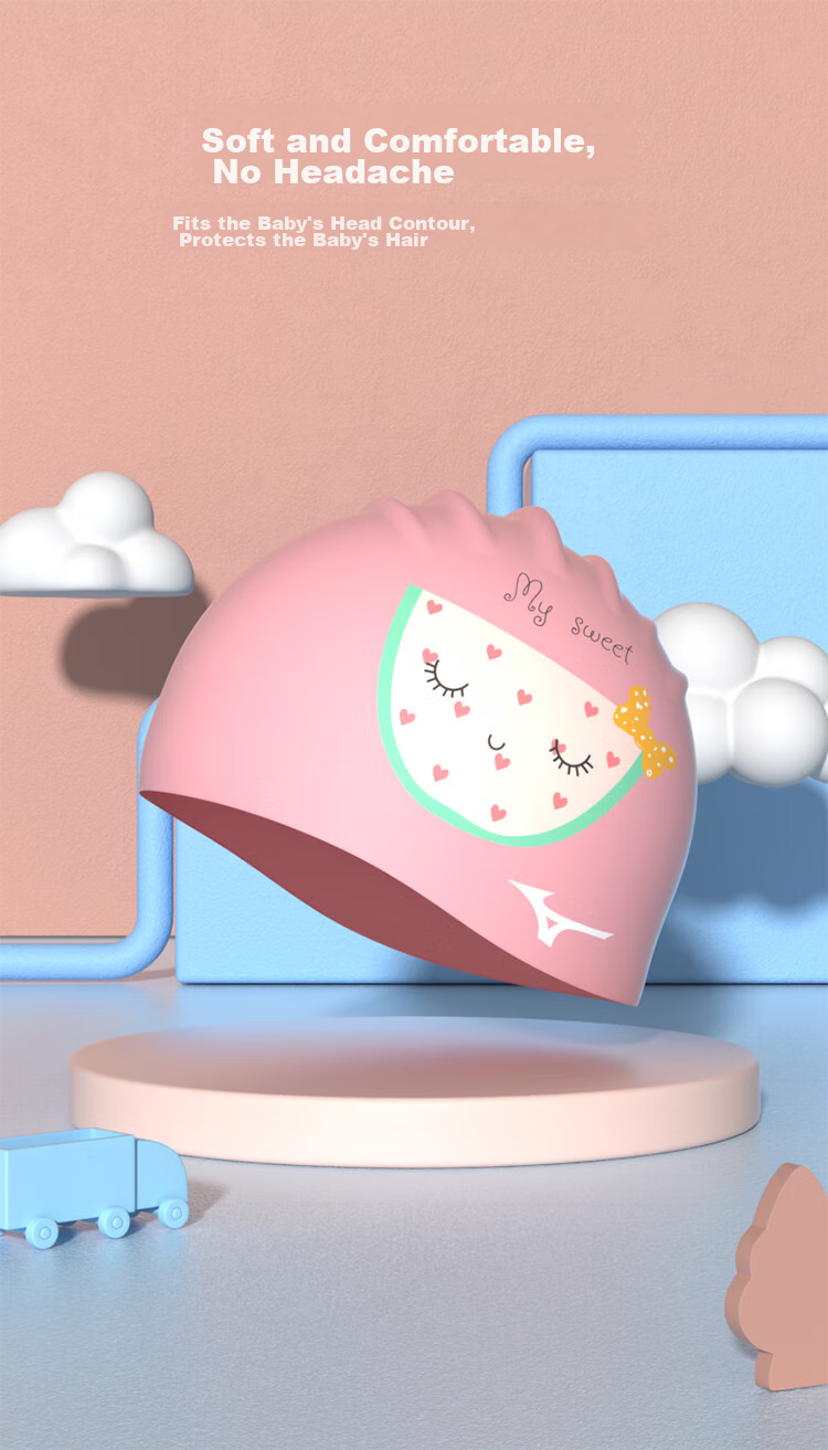 MIZUNO Children's Swimming Cap for Girls, Silicone Non-Binding Cute Professional Waterproof Ear Protection Printed Swim Cap N2CW2S12 Pink And White Rabbit 10