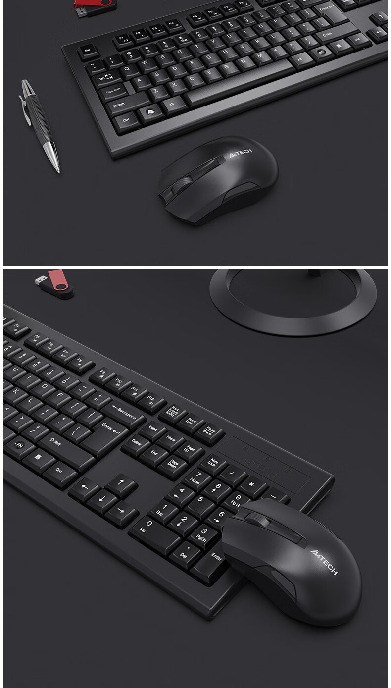 A4TECH 3000N 104-Key Wireless Keyboard And Mouse Combo, Wireless Keyboard And Mouse Set, Thin Film Office Keyboard with Good Typing Feel, Black, Wireless 5