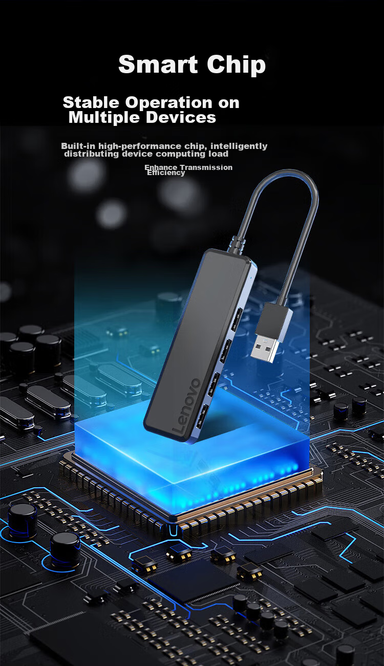 Lenovo USB Hub, 2.0 Interface Converter, High-Speed Expansion Dock, Charger Adapter, HUB Concentrator, Extension Cable, Expansion Dock Suitable for Laptops And Desktop Computers 4