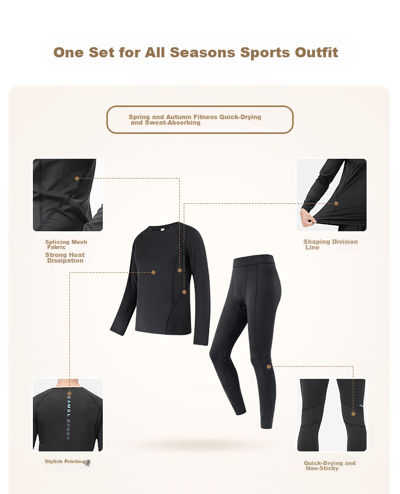 CAMEL Men's Sports Set, Five-Piece Fitness Outfit, New Long-Sleeve And Long Pants, Quick-Dry Running Basketball Training Sportswear 4