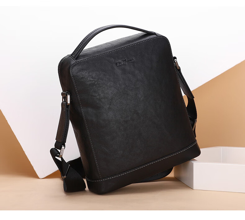ELLE HOMME Business Men's Shoulder Bag, Fashionable Top-Grain Leather Crossbody Bag with Large Capacity, Handheld Men's Bag EA088205040 Black Birthday Gift for Boyfriend 2