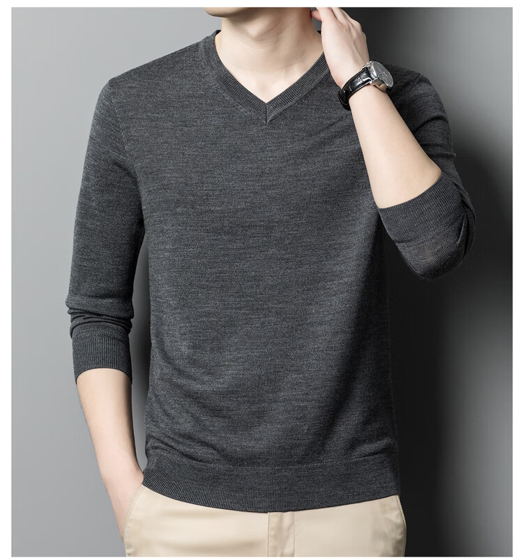 Hengyuanxiang 100% Fine-Spun Wool Sweater for Men, Machine Washable, Autumn And Winter Pullover Thin Sweater, Men's V-Neck Knit Sweater, Business Casual Solid Color Pure Wool Clothing, 20007003, Bright Red, Size 165 17