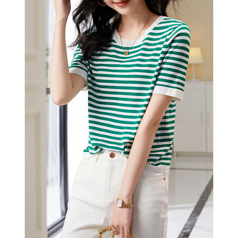 Dme [Hyperbolic Ice Linen Sweater], Summer Round Neck Short-Sleeve Striped Knit Top for Wome