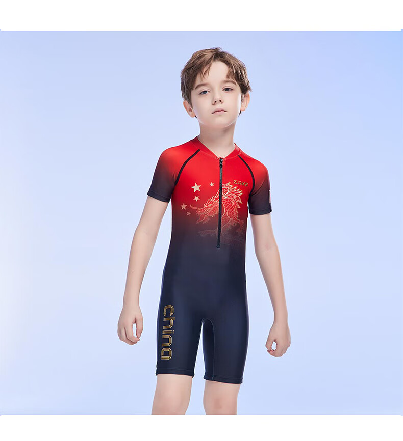 ZOKE Children's Swimsuit, Boys' One-Piece Square-Leg Swimwear Set, Two Pieces JD23503544, Black And Red with Chinese Dragon Design, Size 14 10