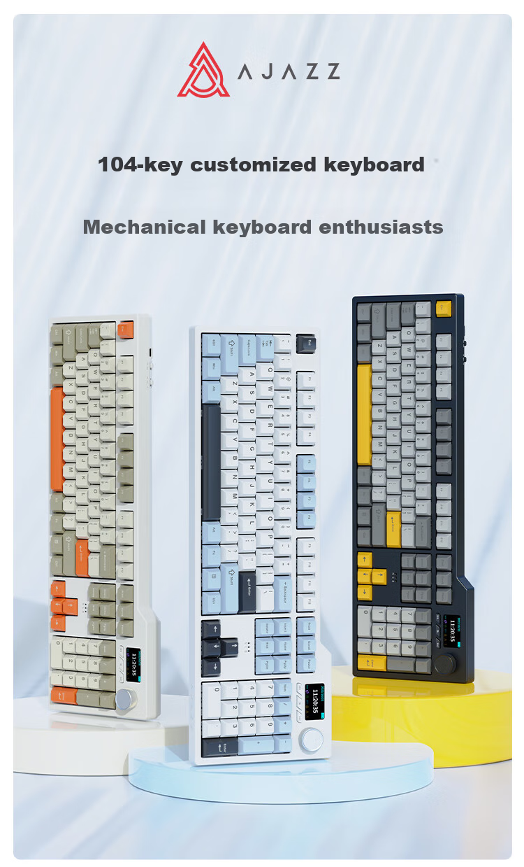 AJAZZ AK35IV3 Wired Hot-Swappable Customizable Mechanical Keyboard, 104 Keys, Gasket Structure, PBT Keycaps, 5-Layer Fill, Blue Light, Blue And White, Sea Salt Switches 1